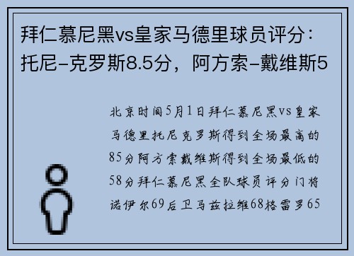 拜仁慕尼黑vs皇家马德里球员评分：托尼-克罗斯8.5分，阿方索-戴维斯5.8分